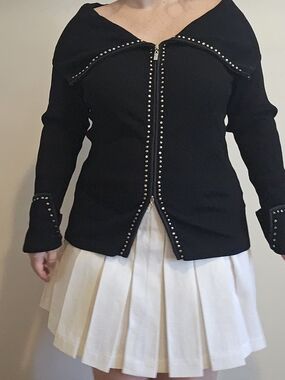 Cache Off The Shoulder Black Stud-Trim Knit Jacket with Zip